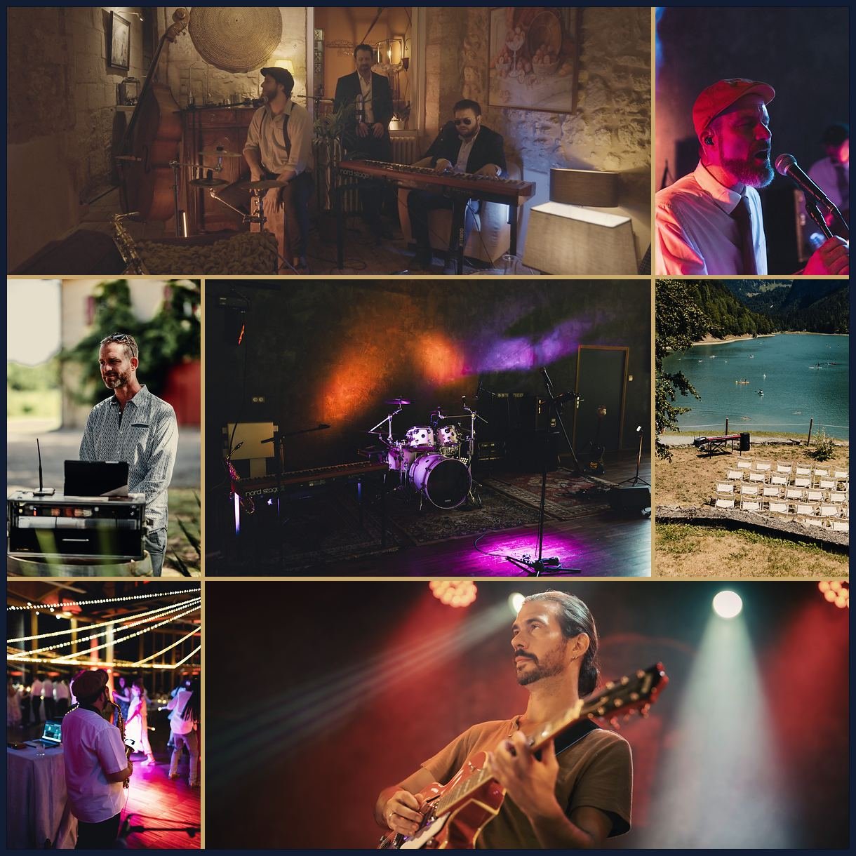 Mosaïque d'événements Djélicevents : au centre une scène prête à jouer, entourée d'un trio en salon, d'un chanteur, d'une piste de danse, d'une cérémonie au bord d'un lac, d'un technicien à sa régie et d'un guitariste